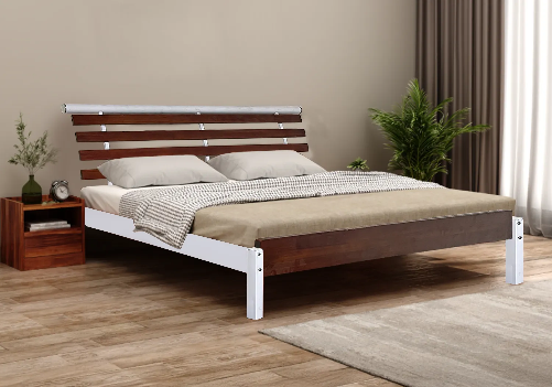 Rubberwood Double Bed (White & Brown)